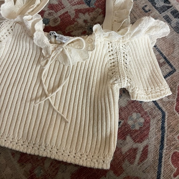 Zara Cold Shoulder Knit Cropped Sweater Ruffle Tie Top Size Large - Picture 6 of 7
